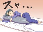  barefoot blue_pants blue_shirt closed_eyes commentary_request green_hair ishii_hisao kantai_collection long_sleeves open_mouth pajamas pants shirt short_hair sleeping solo translated twintails zuikaku_(kantai_collection) 