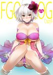  ahoge alternate_costume bangs blush breasts cleavage closed_mouth collarbone commentary_request fate/grand_order fate_(series) flower hair_flower hair_ornament ichitaka jeanne_d'arc_(alter)_(fate) jeanne_d'arc_(fate)_(all) large_breasts looking_at_viewer navel partially_submerged revealing_clothes short_hair silver_hair sitting smile solo yellow_eyes 