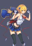  absurdres blazblue blazblue:_chronophantasma blonde_hair bolverk commentary_request gloves gold_trim green_eyes gyakushuu_no_hoshiumi highres long_hair noel_vermillion open_mouth solo thighhighs weapon 