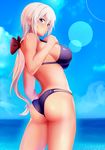  absurdres architect ass bikini blue_eyes blue_sky blush bow breasts commentary_request cowboy_shot day frame_arms_girl hair_between_eyes hair_bow highres large_breasts long_hair looking_at_viewer ocean parted_lips purple_bikini sky solo swimsuit ume_tetu 