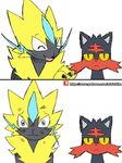  2017 black_fur blue_eyes claws digital_media_(artwork) duo feral fur hair hi_res litten looking_at_viewer nintendo open_mouth pok&eacute;mon pok&eacute;mon_(species) scratch simple_background smile spoiler teeth toe_claws tongue video_games white_background winick-lim yellow_eyes yellow_sclera zeraora 