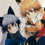  aburaage animal_ears blonde_hair bow bowtie brown_hair chopsticks commentary_request donbee_(food) extra_ears eyebrows_visible_through_hair ezo_red_fox_(kemono_friends) food fox_ears fur_trim gloves gradient_hair highres holding jacket kadoi_aya kemono_friends kettle kitsune_udon long_hair long_sleeves multicolored_hair multiple_girls necktie noodles pantyhose silver_fox_(kemono_friends) silver_hair smile steam udon very_long_hair white_background yellow_eyes 