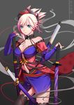  absurdres black_legwear blue_eyes breasts cleavage commentary_request cowboy_shot fate/grand_order fate_(series) grey_background highres large_breasts magatama miyamoto_musashi_(fate/grand_order) multiple_swords pink_hair ponytail scrunchie solo sword thighhighs weapon yan_mian zettai_ryouiki 