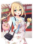  :d anzu_(sumisaki_yuzuna) architecture bag bangs blonde_hair blue_jacket blurry blurry_background blush bow breasts bun_cover collarbone cowboy_shot day double_bun dress east_asian_architecture eyebrows_visible_through_hair floral_print food giving green_eyes hair_ribbon holding holding_food holding_spoon ice_cream ice_cream_cone jacket long_hair looking_at_viewer medium_breasts open_mouth original outdoors outside_border pig red_ribbon ribbon short_sleeves shoulder_bag smile solo spoon sumisaki_yuzuna twintails 