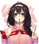  absurdres bangs black_hair blush braid breasts commentary food glasses green_eyes hair_between_eyes hair_ornament hair_over_shoulder hairband hands_up highres holding holding_food jam_(nandade) large_breasts long_hair looking_at_viewer mouth_hold original pink_sweater pocky pocky_day red_ribbon ribbed_sweater ribbon rimless_eyewear round_eyewear side_braid sleeves_past_wrists solo sweater tareme teeth turtleneck turtleneck_sweater upper_body x_hair_ornament 