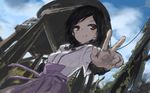  black_hair blurry blush brown_hair cloud cowboy_shot faux_traditional_media foreshortening from_below hakama_skirt highres japanese_clothes kabuyama_kaigi kuroda_kunika noble_witches outdoors plant purple_skirt short_hair sketch skirt sky smile solo v vines world_witches_series 