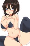  :d anus bangs bare_arms bikini black_bikini black_hair black_legwear blue_eyes blush breasts cleavage eyebrows_visible_through_hair golgi_hon hair_between_eyes highres large_breasts looking_at_viewer navel open_mouth original partially_visible_anus partially_visible_vulva short_hair simple_background smile solo spread_legs swimsuit thighhighs white_background 