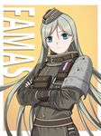  armor belt black_nails blue_eyes character_name closed_mouth cosplay crossed_arms eyebrows_visible_through_hair famas_(girls_frontline) french_flag frown garrison_cap girls_frontline green_hair hair_between_eyes hat head_tilt highres long_hair nail_polish rainbow_six_siege solo twitch_(rainbow_six_siege) twitch_(rainbow_six_siege)_(cosplay) very_long_hair yellow_background yitiao_er-hua 