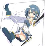  blue_eyes blue_hair cape fortissimo fortissimo_hair_ornament frilled_shirt frills full_body gloves hair_ornament hairclip holding holding_sword holding_weapon ixy looking_at_viewer magical_girl mahou_shoujo_madoka_magica miki_sayaka pleated_skirt shirt short_hair skirt smile solo sword thighhighs weapon white_gloves white_legwear 