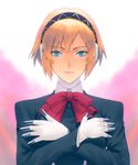  aegis_(persona) aqua_eyes bangs black_jacket blonde_hair closed_mouth collared_shirt crossed_arms eyebrows_visible_through_hair fateline_alpha gloves hair_between_eyes hairband highres jacket long_sleeves looking_at_viewer neck_ribbon persona persona_3 pink_background red_neckwear red_ribbon ribbon shirt smile solo upper_body white_gloves white_shirt 