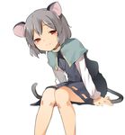  animal_ears bare_legs black_skirt capelet closed_mouth error grey_hair hasebe_yuusaku jewelry leaning_forward long_sleeves looking_at_viewer miniskirt mouse_ears mouse_tail nazrin pendant red_eyes short_hair simple_background sitting skirt smile solo tail touhou white_background 