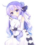  ahoge azur_lane commentary detached_sleeves doll_hug dress hair_bun highres komachi_pochi long_hair looking_at_viewer object_namesake one_side_up parted_lips purple_eyes purple_hair simple_background solo stuffed_pegasus stuffed_unicorn unicorn_(azur_lane) white_background white_dress 