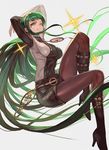  absurdly_long_hair arms_up bangs belt black_legwear black_shorts blunt_bangs boots breasts cleopatra_(fate/grand_order) closed_mouth commentary_request eye_of_horus fate/grand_order fate_(series) full_body gears green_eyes green_hair grey_background high_heel_boots high_heels highres knee_boots lack long_hair long_sleeves looking_at_viewer medium_breasts pantyhose short_shorts shorts sidelocks simple_background smile solo very_long_hair 