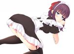  absurdres ass black_legwear blue_eyes blush breasts brown_hair copyright_name hair_ornament hair_ribbon highres large_breasts looking_at_viewer maid maid_headdress multicolored multicolored_text new_game! panties pink_panties purple_panties ribbon shaketarako simple_background solo takimoto_hifumi thighhighs underwear wavy_mouth white_background 