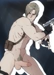  1boy erection gloves gun leon_kennedy male_focus mugheyart muscle nude penis pubic_hair resident_evil solo testicles weapon 