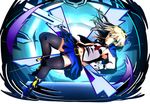  blazblue blazblue:_chronophantasma blonde_hair bolverk full_body gloves green_eyes highres long_hair noel_vermillion solo thighhighs warutsu_(takudann) weapon 