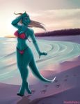  beach bikini clothing dragon female horn noelleneko sea seaside solo strolling sun sunset swimsuit walking water wave windy 