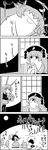  4koma :x animal_ears arms_up baozi blindfold blindfold_removed bunny bunny_ears bunny_tail carrying comic commentary_request dress food full_moon futatsuiwa_mamizou greyscale hat highres holding_blindfold inaba_tewi jacket junko_(touhou) kine long_hair mochitsuki monochrome moon mortar multiple_girls night pom_pom_(clothes) raccoon_ears raccoon_tail reisen_udongein_inaba sitting skirt smile tail tani_takeshi touhou translation_request yukkuri_shiteitte_ne 