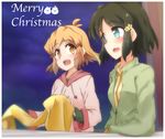  :d black_hair blue_eyes blush brown_eyes brown_hair hair_ornament hairclip highres hood hoodie kohinata_miku merry_christmas multiple_girls open_mouth pink_hoodie scarf senki_zesshou_symphogear short_hair sky smile star_(sky) starry_sky tachibana_hibiki_(symphogear) yamabuki_hiiro 