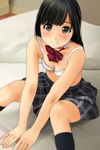  bangs bare_arms bare_shoulders bed bed_sheet between_legs black_hair black_legwear black_skirt blush bow bowtie bra breasts cleavage collarbone eyebrows_visible_through_hair green_eyes hand_between_legs highres indoors kneehighs knees_up leaning_forward long_hair matsunaga_kouyou on_bed original own_hands_together plaid plaid_skirt red_bow red_neckwear shiny shiny_hair sitting skirt small_breasts solo striped striped_bow striped_neckwear tareme underwear v_arms white_bra 