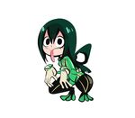  1girl asui_tsuyu black_eyes bodysuit boku_no_hero_academia breasts full_body gloves green_bodysuit green_footwear green_hair hands_up herny long_hair long_sleeves long_tongue looking_at_viewer simple_background small_breasts solo spread_legs squatting tongue tongue_out white_background white_gloves 