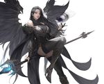  angel_wings armor armored_dress bare_shoulders bikini black_dress black_hair boots breasts daeho_cha detached_sleeves dress earrings feathered_wings feathers floating glowing grey_eyes hand_up high_heel_boots high_heels highres holding holding_staff jewelry large_breasts leg_up legs_together levitation long_hair looking_at_viewer magic magic_circle mu_origin parted_lips see-through simple_background sitting sitting_on_object solo staff swimsuit thigh_strap thighhighs thighhighs_under_boots turtleneck vambraces wings zettai_ryouiki 