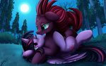  2017 absurd_res broken_horn bushes cute cutie_mark duo equine eye_scar feathered_wings feathers female female/female feral fizzlepop_berrytwist_(mlp) forest friendship_is_magic full_moon grass hair happy hi_res horn hug kissing love lying mammal moon multicolored_hair my_little_pony my_little_pony_the_movie nature night on_back one_eye_closed outside pink_hair pridark purple_eyes scar sky smile teal_eyes tempest_shadow_(mlp) tree twilight_sparkle_(mlp) unicorn winged_unicorn wings 