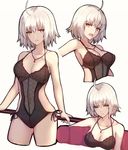  :o ahoge alternate_costume armpits ass_visible_through_thighs bangs bare_arms bare_shoulders black_swimsuit blush breasts casual_one-piece_swimsuit cleavage collarbone cropped_legs eyebrows_visible_through_hair fate/grand_order fate_(series) highres holding jeanne_d'arc_(alter)_(fate) jeanne_d'arc_(fate)_(all) lingerie looking_at_viewer medium_breasts multiple_views one-piece_swimsuit open_mouth serious shiguru shiny shiny_hair short_hair silver_hair simple_background swimsuit underwear upper_body v-shaped_eyebrows white_background yellow_eyes 