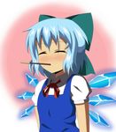  blue_dress blue_hair blue_wings cirno closed_eyes commentary_request dress food highres mouth_hold pocky pocky_day puffy_short_sleeves puffy_sleeves red_neckwear red_ribbon ribbon short_hair short_sleeves solo touhou wings yatsuchi_(mi) 