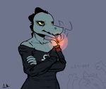  alligator anthro bea_(nitw) cigarette clothing colored crocodilian duo feline female greasymojo_(artist) mae_(nitw) mammal night_in_the_woods red_eyes reptile scalie smoking text yellow_sclera 
