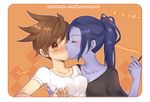  atobesakunolove blue_hair blue_skin blush breasts brown_eyes brown_hair casual character_name collarbone english food highres medium_breasts multiple_girls nose overwatch pocky pocky_day ponytail simple_background spiked_hair tracer_(overwatch) watermark web_address widowmaker_(overwatch) yuri 