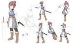  boots brown_hair commentary_request cup fighting_stance hair_bun highres md5_mismatch original pantyhose running simple_background sitting sketch skirt standing steam sword weapon white_background yatani_(do9z) 