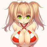  ahoge arms_behind_back asamura_hiori bangs bare_shoulders bikini blonde_hair blush breasts cleavage collarbone criss-cross_halter eyebrows_visible_through_hair fate/grand_order fate_(series) food from_above green_eyes hair_between_eyes halterneck highres incoming_pocky_kiss large_breasts long_hair looking_at_viewer looking_up mouth_hold navel nero_claudius_(fate)_(all) nero_claudius_(swimsuit_caster)_(fate) pocky pocky_day pocky_kiss red_bikini shared_food shiny shiny_skin simple_background skindentation solo striped striped_bikini swimsuit tareme twintails yellow_background 