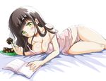  bangs bare_arms bare_shoulders bed_sheet blunt_bangs blush book breasts brown_hair cleavage eyebrows_visible_through_hair flower food gochuumon_wa_usagi_desu_ka? green_eyes hair_flower hair_ornament large_breasts long_hair looking_at_viewer lying narurun_(final123) off_shoulder on_side panties parted_lips pink_panties pink_shirt ribbon shirt sketch sleeveless sleeveless_shirt solo strap_slip teeth ujimatsu_chiya underwear wagashi white_flower white_ribbon youkan_(food) 