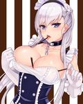  areolae azur_lane belfast_(azur_lane) blue_eyes blush braid breasts chain cleavage cocq_taichou collar collarbone eating elbow_gloves food french_braid frills gloves large_breasts long_hair maid_headdress pocky pocky_day silver_hair solo sweat tongue tongue_out top_pull white_gloves 