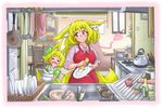  &gt;_&lt; :d animal_ears apron blonde_hair blush bottle bowl chair child chopsticks cup dishes dishwashing doitsuken dress drinking_glass eyebrows_visible_through_hair facing_viewer fang faucet fox_daughter_(doitsuken) fox_ears fox_tail fox_wife_(doitsuken) frying_pan green_dress heart highres house indoors kitchen knife ladle looking_at_another mother_and_daughter multiple_girls open_mouth original pink_eyes plant potted_plant scissors short_hair sink sleeves_rolled_up smile sponge standing table tail teapot washing_dishes 