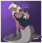  bottomless breasts clothed clothing dialogue dickgirl draekos erection eyewear glasses grey_eyes hair heterochromia horn intersex lamia nipple_slip penis purple_background red_eyes reptile scalie shirt simple_background snake syrisa tank_top text white_hair 