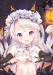  1girl :3 :d absurdres animal_ears areolae bangs blush breasts cat_ears cross demon_wings detached_collar detached_sleeves girls_frontline grey_hair halloween head_tilt headdress heart-shaped_boob_challenge highres jack-o'-lantern long_hair long_sleeves looking_at_viewer mattbam open_mouth p7_(girls_frontline) purple_eyes ribs small_breasts smile solo swept_bangs thick_eyebrows topless upper_body wings 