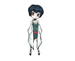  1girl belt black_footwear blue_hair bowl_cut breasts choker doctor dress full_body green_dress hands_in_pockets herny labcoat legs_apart long_sleeves looking_at_viewer necklace orange_eyes persona persona_5 platform_heels shoes short_hair simple_background small_breasts solo spiked_collar standing takemi_tae white_background 