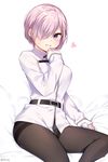  1girl bed_sheet belt black_legwear blush breasts chaldea_uniform cosplay eyes_visible_through_hair fate/grand_order fate_(series) fine_fabric_emphasis fujimaru_ritsuka_(female) fujimaru_ritsuka_(female)_(cosplay) hair_over_one_eye heart highres long_sleeves looking_at_viewer mash_kyrielight medium_breasts no_pants panties panties_under_pantyhose pantyhose parted_lips pink_hair purple_eyes sheet_grab shiny shiny_hair short_hair simple_background sitting sleeves_past_wrists smile solo sweat thigh_gap twitter_username underwear white_background 