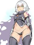  bandaged_arm bandages black_legwear black_panties breasts cameltoe cape cleavage cleavage_cutout fate/apocrypha fate_(series) from_below green_eyes highres jack_the_ripper_(fate/apocrypha) kumiko_shiba lowleg lowleg_panties panties scar scar_across_eye short_hair shoulder_tattoo silver_hair small_breasts solo tattoo thighhighs underwear 