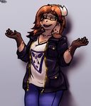  2017 5_fingers anthro autumn_sins brown_eyes brown_hair caprine clothing female fur hair horn jacket jeans leaning mammal open_mouth pants shaded shirt simple_background solo 