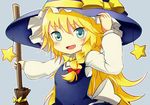  ayuki_(47881314) black_hat blonde_hair blue_eyes blush bow braid broom cookie_(touhou) eyebrows_visible_through_hair fang hair_bow hat hat_bow hat_ribbon holding holding_broom kirisame_marisa long_hair long_sleeves looking_at_viewer open_mouth red_bow ribbon ruka_(cookie) smile solo touhou witch_hat yellow_bow yellow_ribbon 