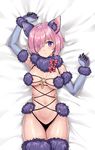  animal_ears arm_up armpits bare_shoulders bed_sheet blush bow breasts breasts_apart closed_mouth dangerous_beast elbow_gloves fate/grand_order fate_(series) from_above gloves head_tilt looking_at_viewer mash_kyrielight medium_breasts navel pink_bow pink_hair purple_eyes purple_gloves purple_legwear qin revealing_clothes shiny shiny_hair shiny_skin short_hair solo stomach tareme thighhighs wolf_ears 