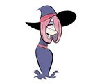  1girl belt dress full_body hair_over_one_eye half-closed_eyes hat herny little_witch_academia lookig_up pink_hair purple_dress purple_hat red_eyes shirt simple_background smile solo standing sucy_manbavaran teeth white_background white_shirt witch_hat 