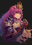  armor black_background blue_pupils claws drill_hair earrings gem grin hand_up headdress highres jewelry kuroduki_(pieat) long_hair looking_at_viewer monster_strike necklace oda_nobunaga_(monster_strike) pink_hair red_eyes simple_background smile solo spikes upper_body 