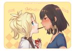  atobesakunolove blonde_hair blue_eyes blush brown_eyes brown_hair casual character_name english eye_contact food food_in_mouth highres looking_at_another mercy_(overwatch) mouth_hold multiple_girls nose overwatch pharah_(overwatch) pocky pocky_day simple_background sweatdrop watermark web_address yuri 