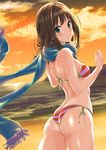  ass bikini blue_scarf brown_hair dutch_angle flat_ass from_behind green_eyes highres horizon idolmaster idolmaster_cinderella_girls idolmaster_cinderella_girls_starlight_stage long_hair looking_at_viewer looking_back ocean orange_sky outdoors pink_bikini ran_(yamatoagu) red_bikini scarf shibuya_rin side-tie_bikini sky solo striped striped_bikini sunset swimsuit 