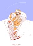  1girl android_18 animal_costume bag blonde_hair blue_background dragon_ball dragon_ball_z fukuko_fuku highres kuririn merry_christmas reindeer_costume santa_costume short_hair simple_background white_background 