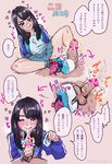  1girl after_fellatio black_hair blush censored come_mayuge cum cum_in_mouth ejaculation facial fangs femdom footjob headphones heart-shaped_pupils heart_censor hooded_jacket kamen_rider kamen_rider_ex-aid_(series) long_hair penis saiba_niko saliva testicles 